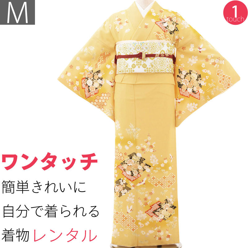 訪問着 レンタル M 黄土色 松皮菱取 ワンタッチ 簡単 着物 七五三