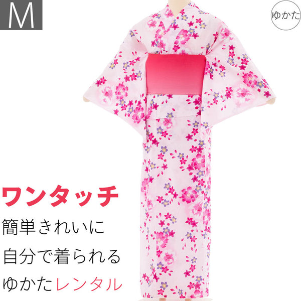 浴衣レンタルセットMサイズレディースピンク桜ワンタッチ着付け簡単ゆかたの画像