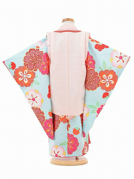 七五三3歳女の子レンタル簡単着付けワンタッチ着物被布水色・ねじ梅桜の画像の2