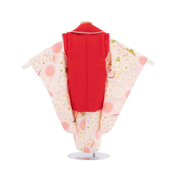 七五三3歳100サイズ女の子レンタル着物被布ピンク/赤桜と牡丹の画像の2