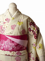 着物レンタル春秋冬用レディース袷小紋セット「Mサイズ」白・桜和服レンタルの画像