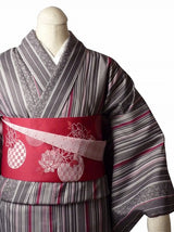 着物レンタル春秋冬用レディース袷小紋セット「Lサイズ」紫グレー・縦縞の画像