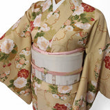 着物レンタル春秋冬用レディース袷小紋京袋帯(白)セット「Mサイズ」ベージュ・菊和服レンタルの画像の2