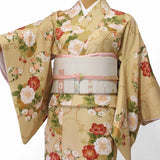 着物レンタル春秋冬用レディース袷小紋京袋帯(白)セット「Mサイズ」ベージュ・菊和服レンタルの画像