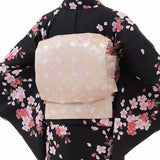 着物レンタル春秋冬用レディース袷小紋袋帯セット「Mサイズ」黒・桜和服レンタルの画像の2