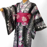 着物レンタル春秋冬用レディース袷小紋セット「Sサイズ」黒ボカシ・枝垂れ桜の画像