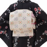 着物レンタル春秋冬用レディース袷小紋京袋帯セット「Mサイズ」黒・桜・モノトーンの画像の2