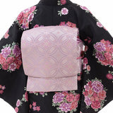 着物レンタル春秋冬用レディース袷小紋袋帯セット「Lサイズ」黒地・丸花束の画像の2