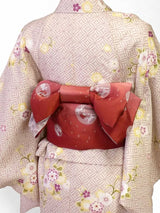 着物レンタル春秋冬用レディース袷小紋セット「Sサイズ」淡ピンク・七宝・桜の画像の2