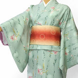 着物レンタル春秋冬用レディース袷小紋セット「XSサイズ」緑・柳・ユリの画像