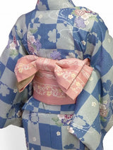 着物レンタル春秋冬用レディース袷小紋セット「XSサイズ」水色・市松・菊梅の画像の2