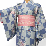 着物レンタル春秋冬用レディース袷小紋セット「XSサイズ」水色・市松・菊梅の画像