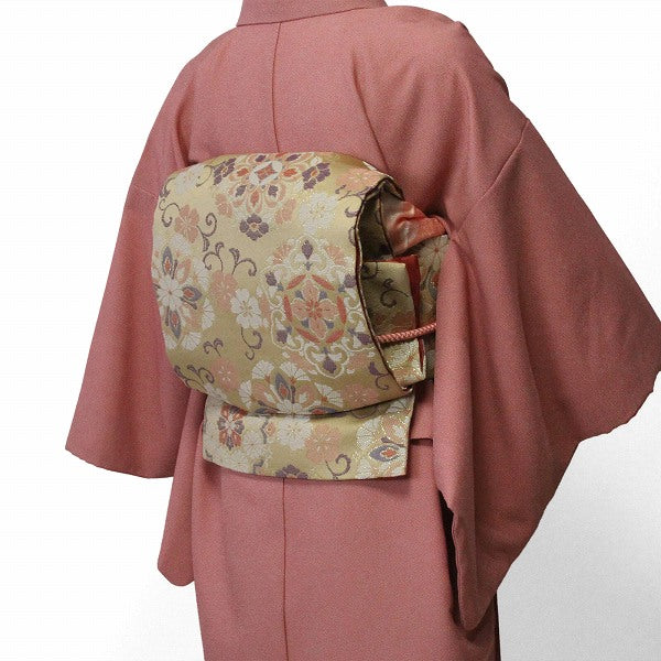 本格的☆正絹☆赤ピンクの着物に黒の袋帯 リサイクル着物】袋帯 正絹 紅鶸色（べにひわいろ） 抽象花 帯丈428cm