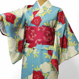 〔着物レンタル〕「Lサイズ」hiromichinakano緑・紅白ツバキ(春秋冬用／女性用レディース袷)おしゃれモダンの画像