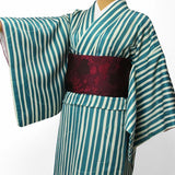〔着物レンタル〕「XLサイズ」hiromichinakano緑・縦縞(春秋冬用／女性用レディース袷)おしゃれモダンの画像