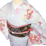 訪問着レンタル「Lサイズ」グレー菊・松竹梅着物+袋帯セット着付け簡単自分で着られるワンタッチ着物和服レンタル七五三の画像の4