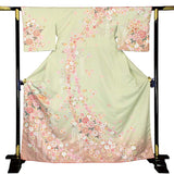 訪問着レンタル「XSサイズ」薄緑牡丹・貝桶着物+袋帯セット着付け簡単自分で着られるワンタッチ着物和服レンタル七五三・卒業式の画像の2