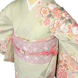 訪問着レンタル「Sサイズ」薄緑牡丹・貝桶着物+袋帯セット着付け簡単自分で着られるワンタッチ着物和服レンタル七五三・卒業式の画像の4