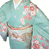 訪問着レンタル「XSサイズ」浅葱しだれ桜・流水着物+袋帯セット着付け簡単自分で着られるワンタッチ着物和服レンタルパーティー・結婚式・披露宴の画像の4