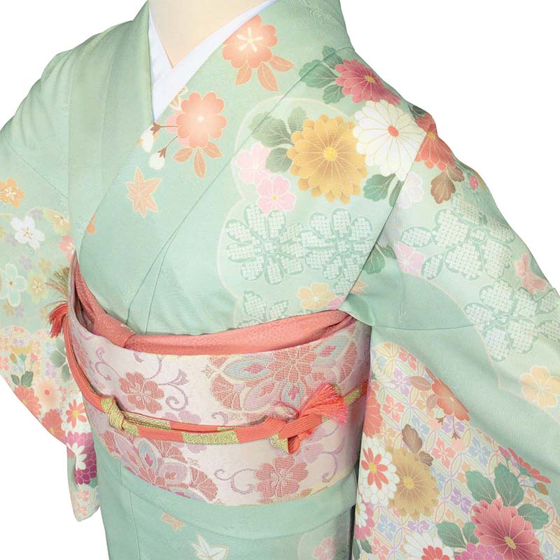 ゴールドに縁取られた煌めくエメラルドグリーンの更紗紋様訪問着 グレー系 仮絵羽仕立て訪問着] オーダー 訪問着 琳派調 古典紋様 (エメラルド