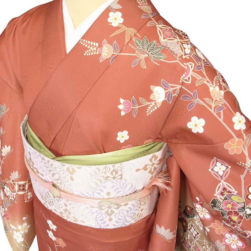 訪問着 レンタル S 茶色 梅/橘 簡単 ワンタッチ 着物 披露宴 – みやこもん