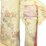 訪問着レンタル「Mサイズ」クリーム色菊・枝梅着物+袋帯セット着付け簡単自分で着られるワンタッチ着物和服レンタル七五三・卒園式・入学式753の画像の3