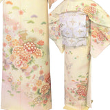 訪問着レンタル「XSサイズ」クリーム色菊・光悦垣JapanStyle着物+袋帯セット着付け簡単自分で着られるワンタッチ着物和服レンタル七五三・結婚式の画像の3