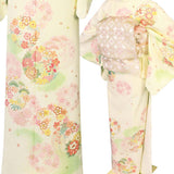 訪問着レンタル「Mサイズ」クリーム色四季花輪JapanStyle着物+袋帯セット簡単に着られるワンタッチ着物和服レンタル卒業式・卒園式・入学式・七五三・結婚式の画像の3