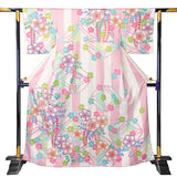訪問着レンタル「Lサイズ」ピンク・パステル桜・七宝・縦縞・モダン着物+袋帯セットワンタッチ式着物和服レンタルパーティー・海外・イベントの画像の2