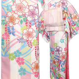 訪問着レンタル「Lサイズ」ピンク・パステル桜・七宝・縦縞・モダン着物+袋帯セットワンタッチ式着物和服レンタルパーティー・海外・イベントの画像の3