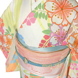 訪問着レンタル「Sサイズ」オレンジ・パステル桜・七宝・縦縞・モダン着物+袋帯セットワンタッチ式着物和服レンタルパーティー・海外・イベントの画像の4