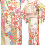 訪問着レンタル「Mサイズ」オレンジ・パステル桜・七宝・縦縞・モダン着物+袋帯セットワンタッチ式着物和服レンタルパーティー・海外・イベントの画像の3