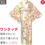 訪問着レンタルトールサイズ「XLサイズ」オレンジ・パステル桜・七宝・縦縞・モダン着物+袋帯セットワンタッチ式着物和服レンタルパーティー・海外・イベントの画像