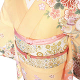 訪問着レンタルトールサイズ七五三卒業式(ママ/お母さん)卒園式入学式結婚式披露宴「XLサイズトールサイズ」淡オレンジ色貝桶と菊着物+袋帯セットワンタッチ着物レンタルの画像の4