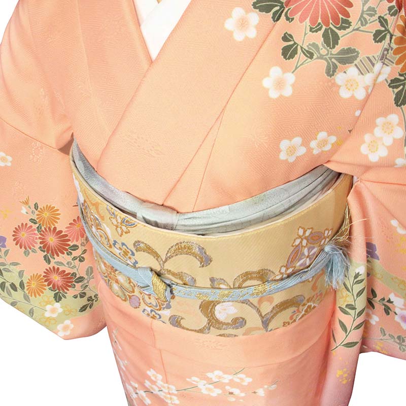 訪問着 レンタル L オレンジ 菊梅桔梗 ワンタッチ 簡単 着物 結婚式