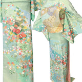 訪問着レンタル七五三パーティー披露宴結婚式「Sサイズ」ヒワ色御所車着物+袋帯セットワンタッチ着物レンタルの画像の3