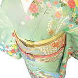 訪問着レンタル七五三パーティー披露宴結婚式「Sサイズ」ヒワ色御所車着物+袋帯セットワンタッチ着物レンタルの画像の4