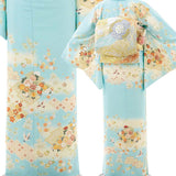 訪問着レンタル簡単着物七五三卒業式卒園式入学式結婚式披露宴「Lサイズ」水色松皮菱取着物+袋帯セットワンタッチ和服レンタルの画像の3