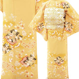 訪問着レンタル七五三卒業式卒園式入学式結婚式披露宴「Mサイズ」黄土色松皮菱取着物+袋帯セットワンタッチ着物和服レンタルの画像の3