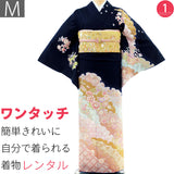 訪問着レンタルワンタッチ着物七五三卒業式卒園式入学式結婚式披露宴「Mサイズ」濃紺雪輪重ね花畑着物+袋帯セット簡単和服レンタルの画像