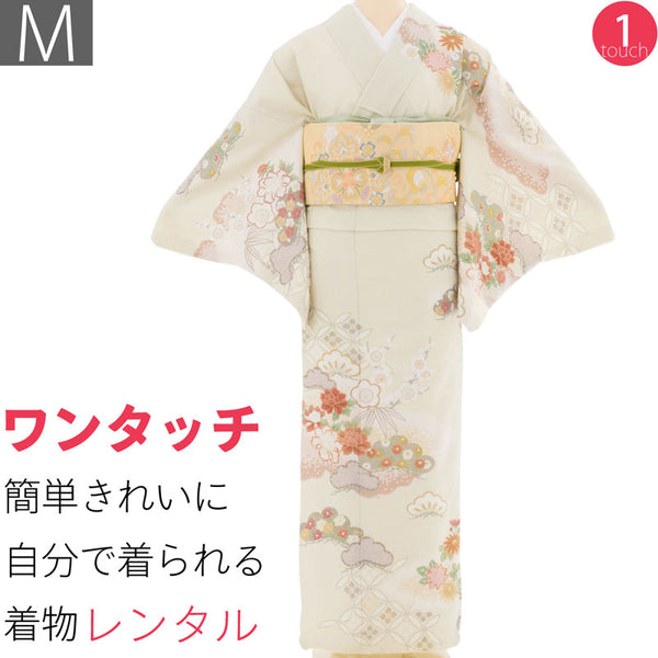 訪問着レンタル七五三母卒業式入学式お宮参り「Mサイズ」クリームオフホワイト松竹梅七宝牡丹フルセットワンタッチ簡単の画像