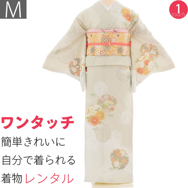 訪問着レンタル七五三母卒業式入学式お宮参り「Mサイズ」グレージュ雪輪菊松梅フルセットワンタッチ簡単の画像