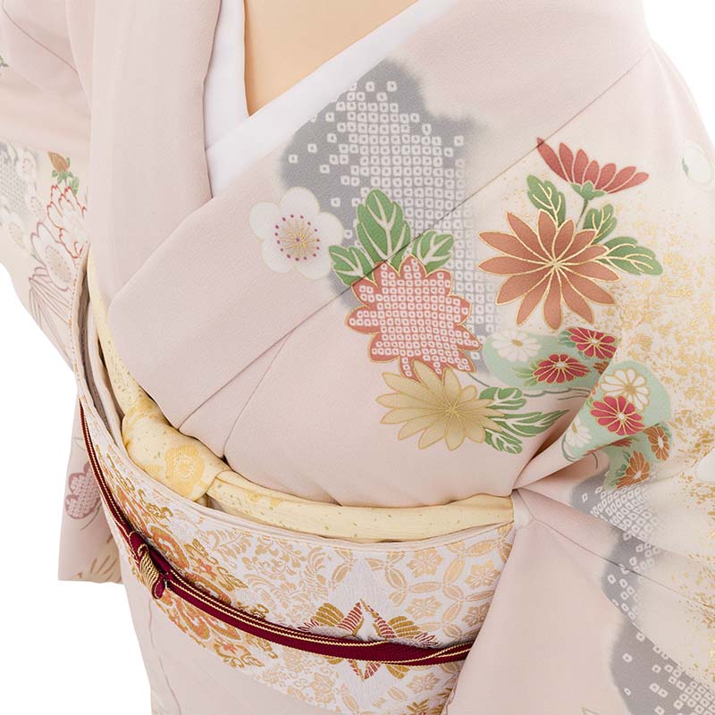 訪問着レンタル七五三母卒業式入学式お宮参り「Sサイズ」ピンクグレー松竹梅七宝牡丹フルセットワンタッチ簡単の画像の4