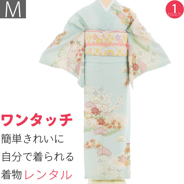 訪問着レンタル七五三母卒業式入学式お宮参り「Mサイズ」くすみ水色松竹梅七宝牡丹フルセットワンタッチ簡単の画像