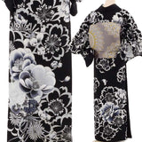 訪問着レンタルワンタッチ「Sサイズ」黒大ツバキ大桜銀彩パーティー舞台衣装ドレス着付け簡単着物の画像の3