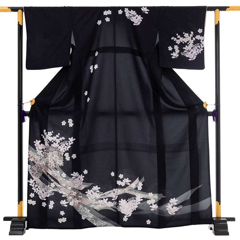 訪問着 レンタル XL 黒 桜 ワンタッチ 簡単 着物 – みやこもん