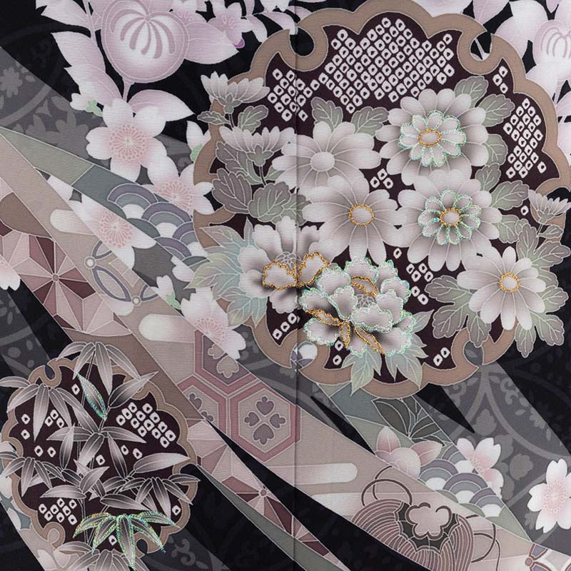 訪問着 レンタル XL 黒 桜 ワンタッチ 簡単 着物 – みやこもん