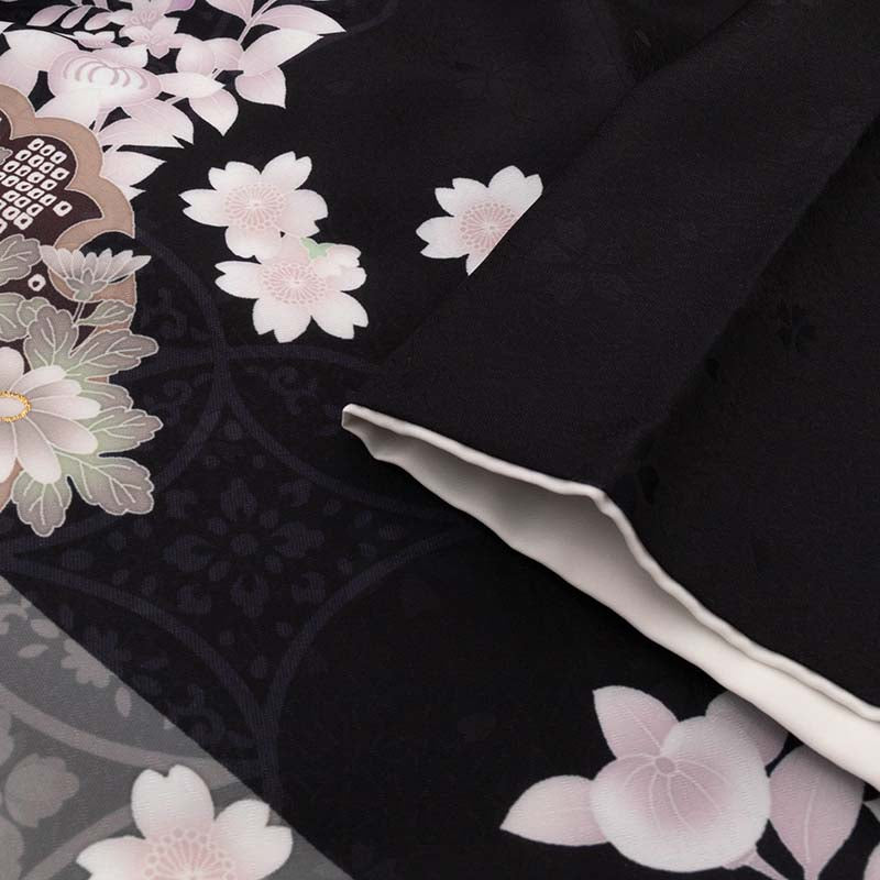訪問着　黒　松竹　桜　ちりめん 訪問着 レンタル XL 黒 桜 ワンタッチ 簡単 着物 – みやこもん