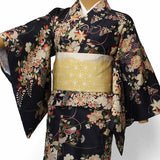 宅配レンタル単衣着物セット「Mサイズ」黒・秋草文(初夏・初秋用／女性用レディース単衣)の画像