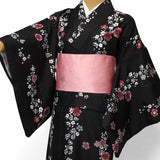 宅配レンタル単衣着物セット「Lサイズ」黒・立桜(初夏・初秋用／女性用レディース単衣)の画像